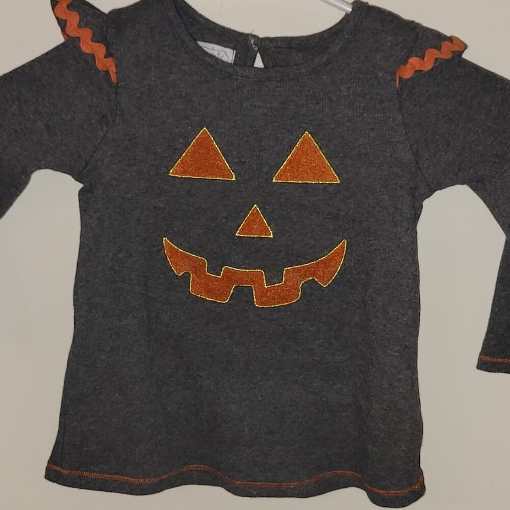 Baby Girl mudpie Halloween Shirt, Size 12-18 months, Gray Orange Pumpkin design